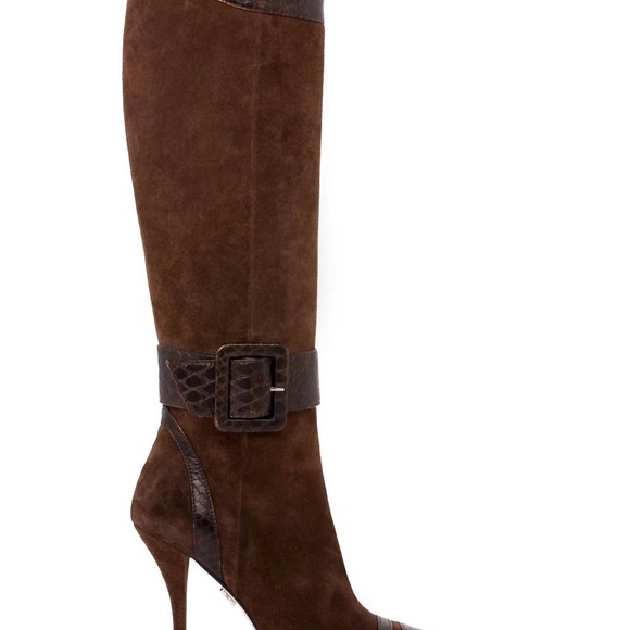 BEAUTIISOLES by Robin Shreiber Brown Bronze high Heeled Suede Boots with Buckle
